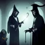 Placeholder: The Grim Reaper and a plague doctor in Lollipop world, considering the future of the universe, art by Elliot Erwitt