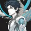 Placeholder: An handsome alien with messy black hair and blue eyes on another planet, colored manga style, intricately detailed