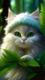 Placeholder: White baby cat wearing a hat covering her ears Hiding In Fluffy Thick Pine Branches, Full-Back Hood Fur, Mother Of Pearl, Caricature, Realism, Beautiful, Delicate Shades, Sweetness, Lights, Intricate, CGI, Art Botanical, Animal Art, Art Decor, Realism, 4k, Detailed Drawing, Depth Of Field, Digital Painting, Computer Graphics, Raw Foto, HDR