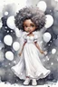 Placeholder: A watercolor fairytale style of a chibi cartoon wearing a white maxi dress and white sandals. Prominent make up with hazel eyes. Highly detailed tight curl afro. Background of white and gray ballons everywhere.