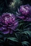 Placeholder: Watercolor dark purple peony bush, many leaves, ultra-detailed plant, summer, sun, evening, rain, beautiful landscape, fog, many details, subtle sensuality, realism, high quality, 3d, work of art, hyperdetalization, professionally, filigree, misty haze, hyperrealism, professionally, transparency, delicate pastel tones, backlight. The contrast is fantastic, unreal, translucent, luminous, clear lines