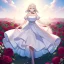 Placeholder: gorgeous anime girl wearing a yellow and white dress ,standing in a meadow of flowers, spreading rose pedals on the ground. beautiful eyes and a stunning smile, blue eyes