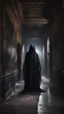 Placeholder: Hyper Realistic transparent black ghost between a huge dark hallway of a historical Indian palace with peeling wall paints at night