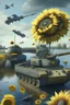 Placeholder: all kinds of guns and missiles in gray lake with bridge of sunflowers and tanks