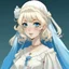 Placeholder: Ghibli style of a 14 old girl with blonde knee-length hair, blue eyes, with heavy eye bags, in a white Victorian gown and a white laced veil on top of her head.