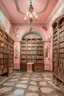 Placeholder: A light pink library with mystical books designed in Heidrun manuscripts painted by Salvador Dali