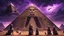 Placeholder: Hyper Realistic 5 Alien-Pharaohs guarding a prehistoric-pyramid with their galactic-weapons in-perfect-symmetrical-order & galactic-dog-pet & ancient ruins behind them with purple-cloudy-sky at dark-heavy-rainy-night giving dramatic & cinematic ambiance