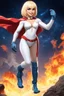 Placeholder: Karen Starr, full body, superhero landing pose, young athletic white female, crew cut bleach-blonde hair, blue eyes, thick black eyebrows, round face, semi-pointed chin, muscular build. Wearing white long-sleeved bodysuit with high collar with plunging neckline, blue elbow gloves, red belt with gold buckle, red cape, blue knee boots. Big smile. Background: outer space, planets, stars, galaxies, fire, explosions, volcanic lava, craggy peaks. Photorealistic