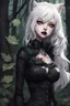 Placeholder: CAT GIRL, goth, forest, nature, cartoon, leaves, boobs, portrait, colour image, white hair