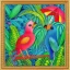 Placeholder: Two birds in love, finely detailed, colorful, tropical, raining