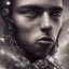 Placeholder: portrait photography of perfect face mbappe crying, Fire theme art, Dark moody night atmosphere, 8K, close-up face, ignore NSFW,magic,city, steampunk, chief ,apocalypse, set , sorrow,cyborg,