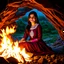 Placeholder: Hyper Realistic Photographic Outside View Of A Gorgeous Pashto Girl (Wearing Simple Burgundy Colored Dress With White Embroidery & Wearing Pink Dupatta On Her Neck) Happily Sitting & Smiling Boldy In A Cave With Little-Bonfire, With Heavy Rain Outside Cave With Glowing Little Crystals) Showing Dramatic & Cinematic Ambiance.