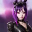 Placeholder: Detailed cute anime Kunoichi girl, purple hair buns, purple bangs, black latex bodysuit, intricate details, full body portrait, keep head in frame, slight smile, black Japanese motif, concept art, highly detailed, digital painting, concept art, sharp focus, illustration, art by Yoji Shinkawa, WLOP and greg rutkowski and alphonse mucha and artgerm and yanjun Chen and Junji ito and Makoto Shinkai, HDR, octane render