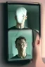 Placeholder: a man looking into a mirror and seeing a horrifying, abstract ghostly reflection