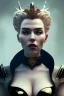 Placeholder: Hannah Waddingham as evil queen in black leather, busty, cleavage, dominatrix, curvy, angry, stern look. character design by cory loftis, fenghua zhong, ryohei hase, ismail inceoglu and ruan jia. unreal engine 5, artistic lighting, highly detailed, photorealistic, fantasy