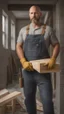 Placeholder: short, burly beefy robust bricklayer painter 40 years old, shaved hair, short blond beard, bare-chested in overalls, photorealistic, side light, inside a building under construction