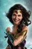 Placeholder: portrait Gal Gadot wonder woman smiling long hairs violet top Christmas in the snow and fire