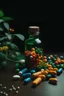 Placeholder: Pills spilling from bottle (add some plants in the background)