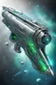 Placeholder: futuristic spacegun, photorealistic, intricate design, heroic, fun, silver, neongreen, neonblue, space background with planet