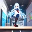 Placeholder: Clear focus, High resolution, long fluffy light blue hair, hair between eyes, long locks, wearing a sailor uniform, wearing a sailor skirt, long black socks, 1girl, cartoon, cute, UNFOTABLE studio, red tie, walking, outside setting