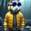 Placeholder: Hamster toddler, steampunk headphone, sunglass, gangsta neckless, full body, yellow puffer jacket, tokio background, dramatic lighting, hyper realistic, unreal engine 5, 16k