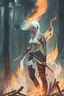 Placeholder: female warrior with katana, white hair, tribal tattoos, minimal organic primal clothing, full body in the middle of a fire in a forrest