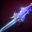 Placeholder: A fantasy greatsword, the blade is made up of glimmering ice, it's hilt is crafted from swirling vines, leading to a vibrant rose crystal at the pommel, with a black background behind it.