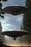 Placeholder: a bunch of school kids see 1 ufo flying over tall pine trees, concept art, by Asaf Hanuka, by Weta Digital, Electric Colors, Screen Space Global Illumination, in a symbolic and meaningful style, the craft has flat bottom,3 large lights underneath glow with intense fury, kids running up to craft with wonder