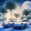 Placeholder: 1980's aesthetic vaporwave palm trees with spheres with porsche in the winter snow with lightning