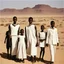 Placeholder: In the style of William Klein, extremely thin and malnourished black African people wearing white collar dress in an arid desert landscape, color photography captured in the style of dslr camera. --ar 62:85 --v 6. 0