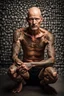 Placeholder: a full body display of a beautiful man with cancer, his skin composed of cancer shaped cells, they cover his entire body like a tattoo, symbolic for wearing his illness on the outside, no hair, in a dramatic pose in a photo studio, he sits with his face slightly hidden as he is shamed, lighting with focus on skin, ultra photo realistic, 32k, highly detailed,. selective colors