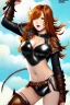 Placeholder: concept illustration, super-detailed, beautiful teen female, 16 years old, loli, long ginger hair, medium freckles, full lips, full body, full face, b-cup breasts, athletic, centred camera, ignore NSFW, skimpy brown fantasy leather armor, halter top, micro thong, knee-high leather boots, open leather tasset, stern expression,