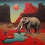 Placeholder: by Desmond Morris, weird grim desert wonderland, surreal elephant drinking from a red pond, matte oil painting, dark colors