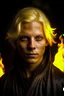 Placeholder: A highly detailed portrait photograph, Magier, Blond, Umhang, Bart, Stab, Feuer