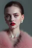 Placeholder: Minimalistic portrait of a beautiful and sensual woman with red lips and cold big eyes wearing earrings, a light pink fur coat in a haute couture style isolated on a dark background, cinematic lighting, ultra-realistic, shot in the style of hasselblad x2d + pishington e skinner + peter coulson, minimalism --ar 5164