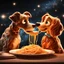 Placeholder: the lady and the tramp eating spaghetti, cinematic, epic glowing galaxy background, deep depth of field, 3D, constellation map, 16k resolution photorealistic, bokeh, a masterpiece by Alberto Seveso, breathtaking intricate details, realistic and lifelike cgi diorama, dramatic natural lighting, reflective catchlights, high quality CGI VFX fine art