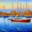 Placeholder: modern Fisherman small boat in the harbor, in the style of a watercolor painting