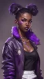 Placeholder: arcane tv show style, league of legends, solo, 1girl, attractive teenager, african, dark skin, dark-brown eyes, black hair, pair buns, (violet strand in forehead bang), necklace, earrings, modern makeup, (detailed skin texture), old leather jacket with violet fur collar, oversized torn t-shirt with half-erased unknown music group logo, You can see through the holes in the t-shirt her acid-green top, dark background, bokeh, cinematic atmosphere