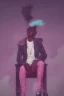 Placeholder: Snoop dogg sitting on a chair. pink houses, pink sky, pink smoke, moon, trees