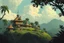 Placeholder: a village of jungle straw huts on top of a hill, medieval fantasy art style