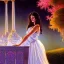 Placeholder: hyperdetailed oil on canvas, young Georgina Chapman by a temple fountain, beautiful, detailed face, long dark hair, surrounded by luminous colorful sparkles, airbrush, depth of field, Octane Render, by Gaspar Camps, Maxfield Parrish, Alphonse Mucha, Cyril Rolando, volumetric lighting, dusk, 16k