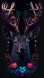 Placeholder: beautiful male deer with bears and head with horns made from beautiful colorfully flowers and star pattern on fur front facing dark smooth colors, high contrast