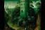Placeholder: A bluish green tower in a toxic jungle painted by Pieter Bruegel the Elder