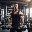 Placeholder: Hyper Realistic muscular-handsome-man-with-black-tank-top training-in-gym with dumbbells & other gym-machinery with dramatic-&-cinematic-ambiance