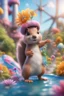 Placeholder: plexi glass tower, portrait cute fluffy toy wolly squirrel with berret in a water slide holding weird flowers in the style of pixar, on a strange planet with weird colors and wind turbines, bokeh like f/0.8, tilt-shift lens 8k, high detail, smooth render, down-light, unreal engine, prize winning