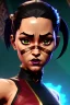 Placeholder: j.scott campbell, serena from mortal kombat, full head to toe portrait, lathe build, wearing black and red mini skirt, thigh high boots and crop top, big green eyes, eyes are both in proportion, 3/4 look, full pouty lips, long black hair with small red streak, small up turned nose, large breasts, small waist, round butt, standing, dark cobblestone alley, one halo white light behind head, non photorealistic rendering