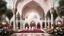 Placeholder: Hyper Realistic Muslim-men praying outside a Beautiful-Huge-White-&-Maroon Mosque in a beautiful garden with grass-arches, Ramadan-Light-Decorations including flowers & garland-lights with garden-lamps showing dramatic-&-cinematic-ambiance