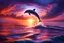 Placeholder: In a remote corner of the ocean, the sun bows its exit, draping the sky in a spectacular cloak of vibrant oranges, purples, and pinks. These hues kiss the sea, setting it ablaze with color, each wave reflecting the heavens' fiery palette. Amidst this tranquil seascape, a dolphin emerges, an embodiment of grace and exuberance. The setting sun anoints its leaping form with a shimmering veneer, accentuating the blue-grey tones of its skin against the water's canvas.