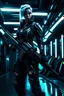 Placeholder: "Ultra realistic full body shot a woman in a futuristic suit holding a gun in her hand, looking at the camera,full legs, cyberpunk, neo-figurative,concept ,full length view, face , full size, science, technology,future,electric ,futuristic style, design, practicality,manufacturability,performance, HOF, professional photographer, captured with professional DSLR camera, trending on Artstation, 64k, full size, ultra detailed, ultra accurate detailed, bokeh lighting, surrealism, background, detailed