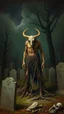 Placeholder: Bosch painting style nightmare, a man with legs looks like tree roots , and head looks like camel head, in a graveyard , dramatic sad scene, fantasy,